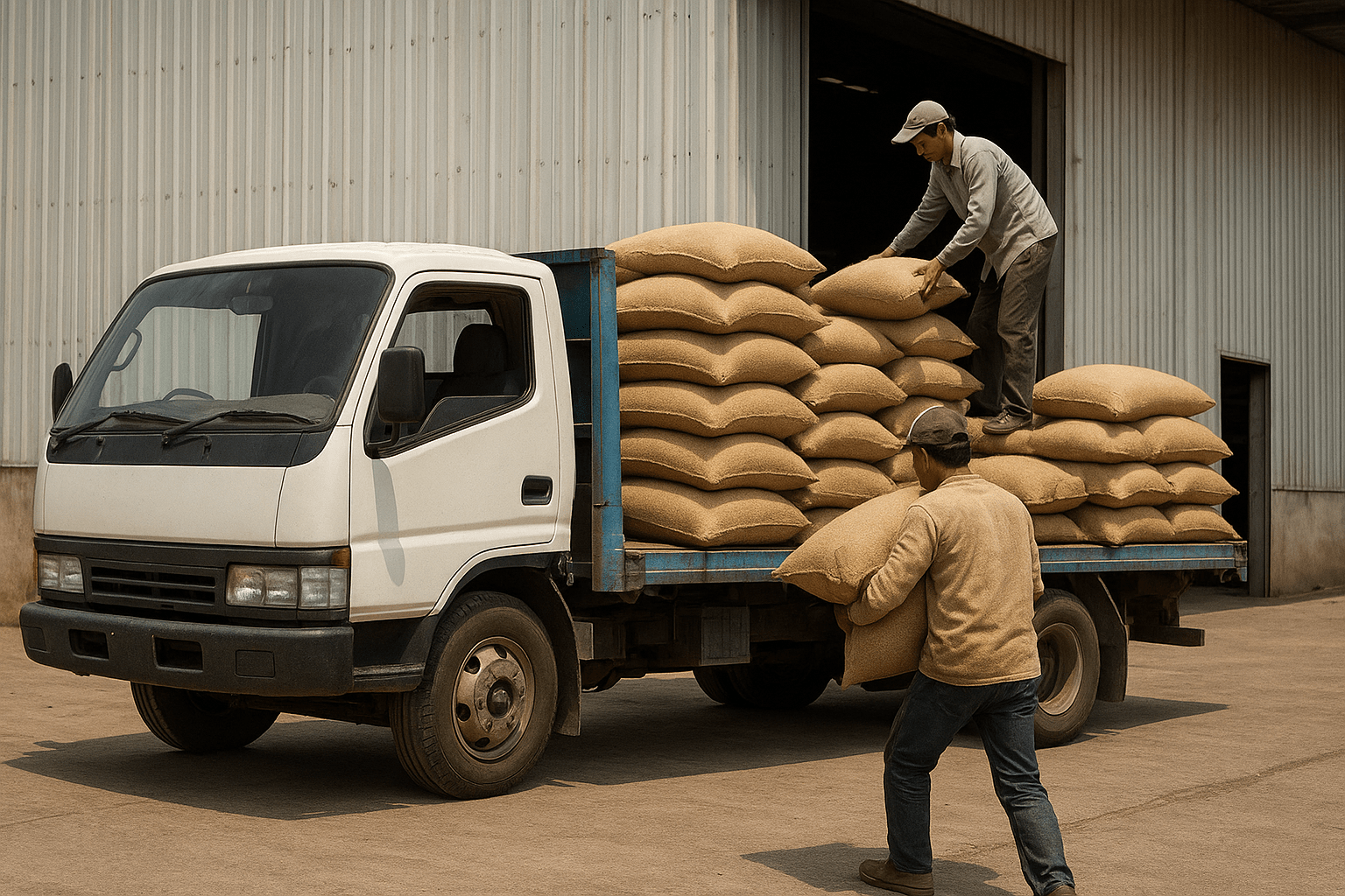 photo of grain sacks being loaded into a truck near a warehouse.